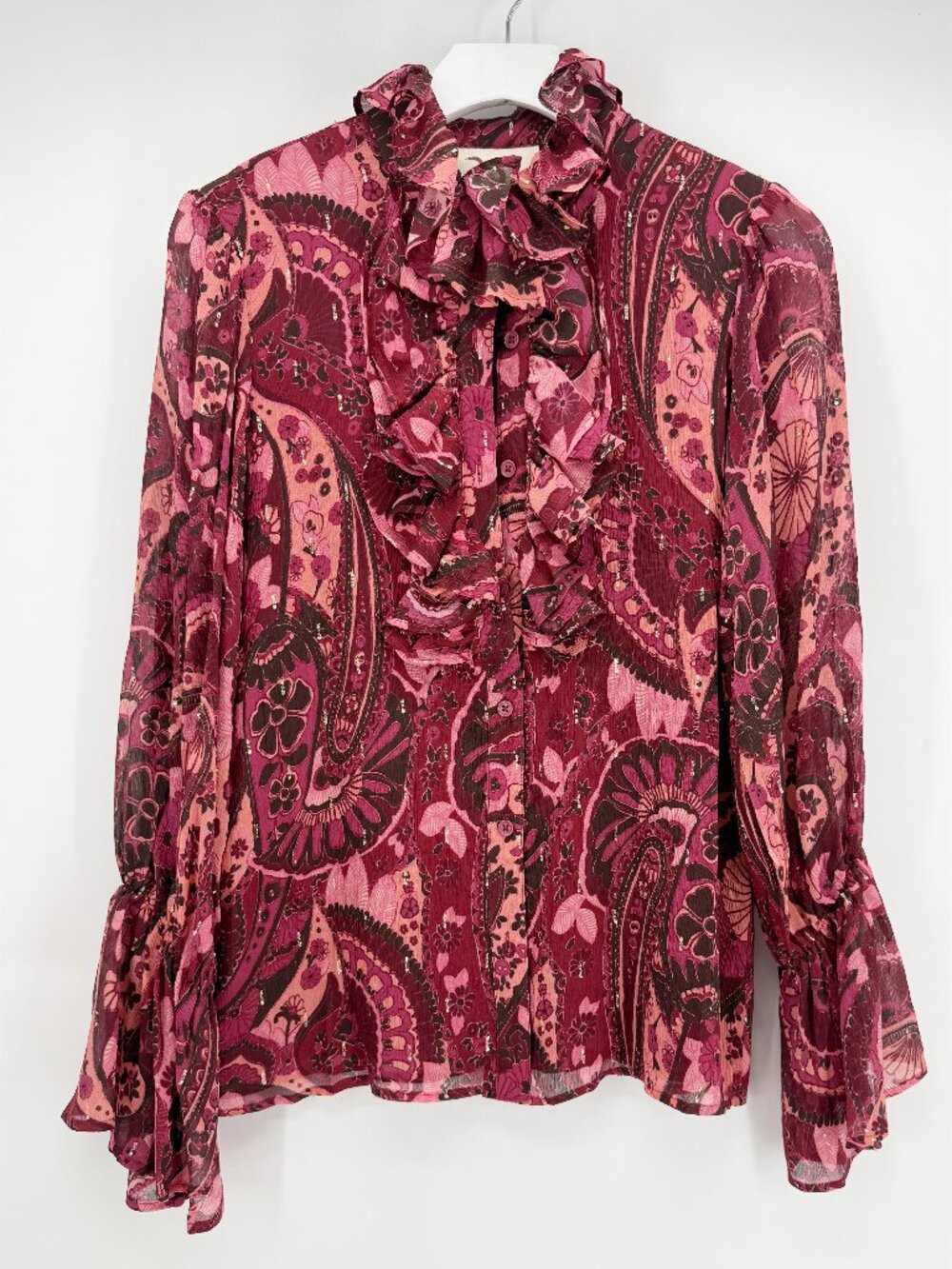 FIGUE SILK MAROON & METALLIC RUFFLE LONG FLUTED SLEEVE BLOUSE S